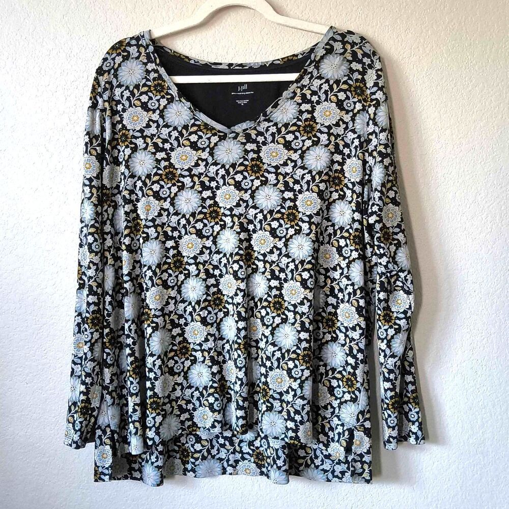 J. Jill 100% Pima Cotton Long Sleeve Tee Floral Botanical Coastal XL